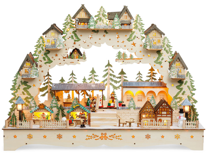 SIKORA LB16 beleuchteter LED XXL Holz Schwibbogen Weihnachtsdorf mit XL Bahnhof Lichterbogen inklusive Netzteil