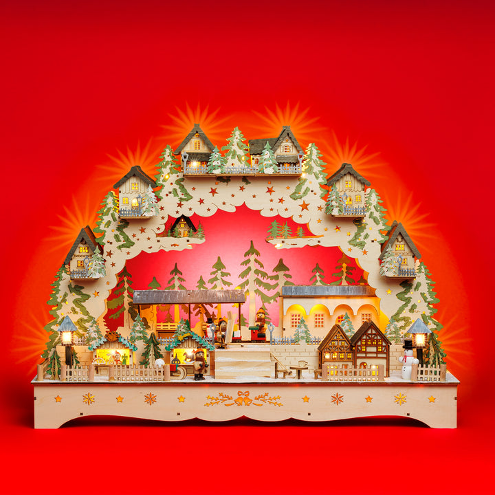 SIKORA LB16 beleuchteter LED XXL Holz Schwibbogen Weihnachtsdorf mit XL Bahnhof Lichterbogen inklusive Netzteil