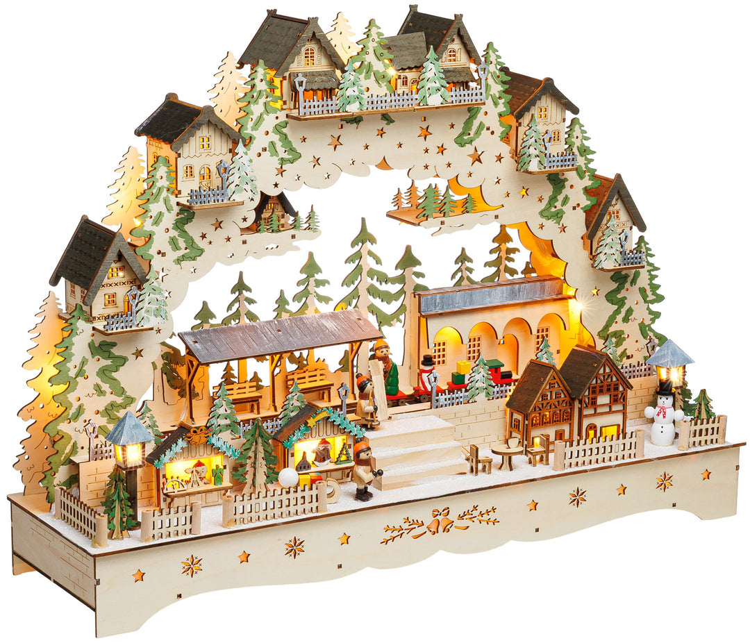 SIKORA LB16 beleuchteter LED XXL Holz Schwibbogen Weihnachtsdorf mit XL Bahnhof Lichterbogen inklusive Netzteil