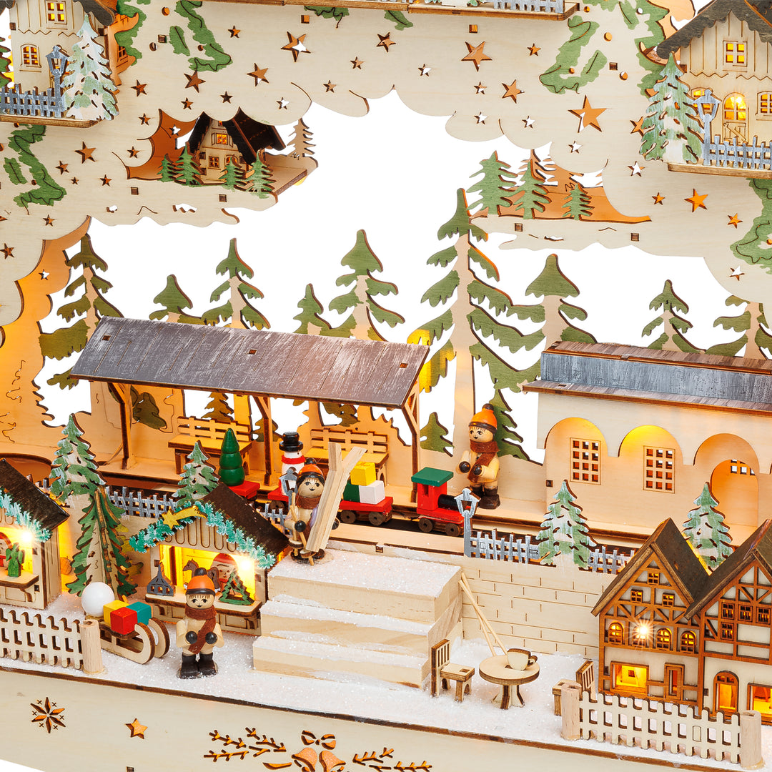 SIKORA LB16 beleuchteter LED XXL Holz Schwibbogen Weihnachtsdorf mit XL Bahnhof Lichterbogen inklusive Netzteil