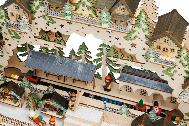 SIKORA LB16 beleuchteter LED XXL Holz Schwibbogen Weihnachtsdorf mit XL Bahnhof Lichterbogen inklusive Netzteil