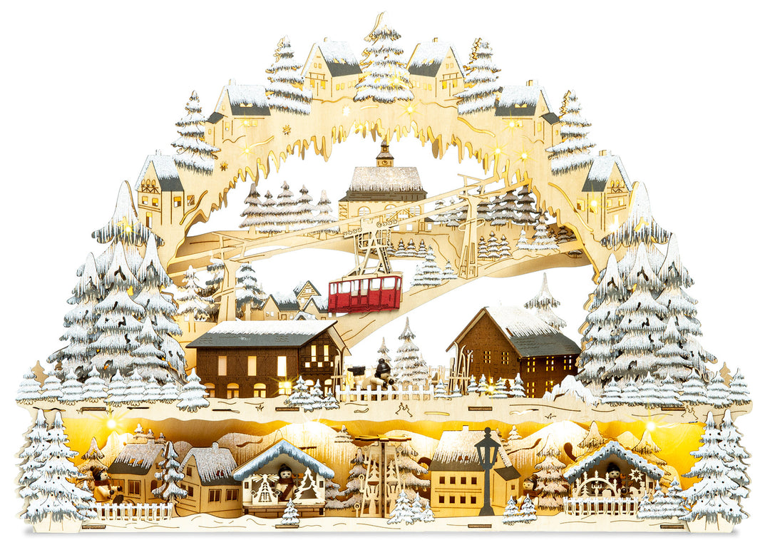 SIKORA LB45 traumhafter XXL LED Holz Schwibbogen SKIHÜTTE MIT BERGBAHN UND WEIHNACHTSDORF inclusive Trafo