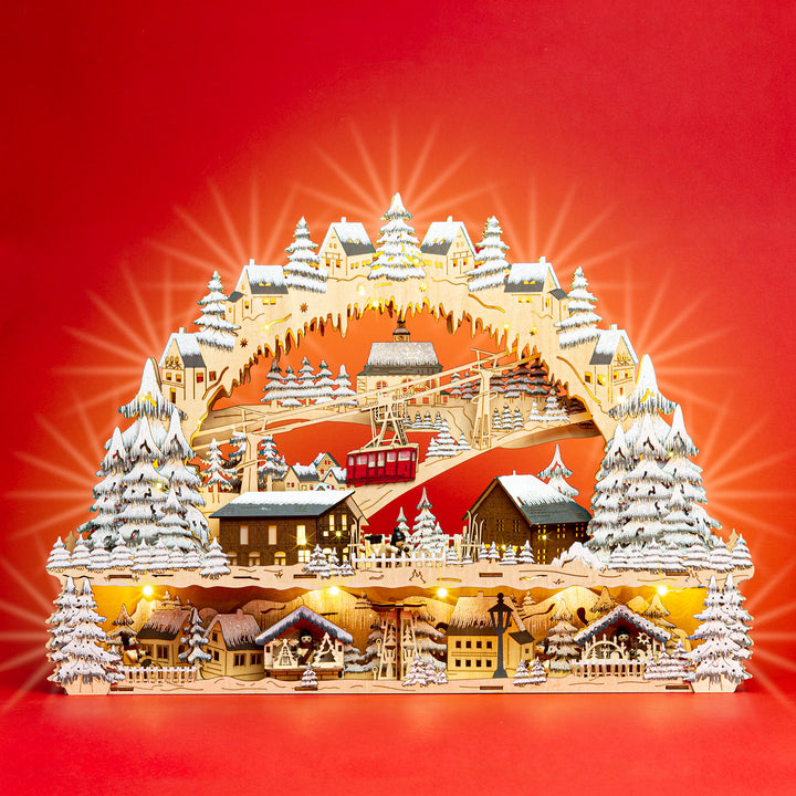 SIKORA LB45 traumhafter XXL LED Holz Schwibbogen SKIHÜTTE MIT BERGBAHN UND WEIHNACHTSDORF inclusive Trafo
