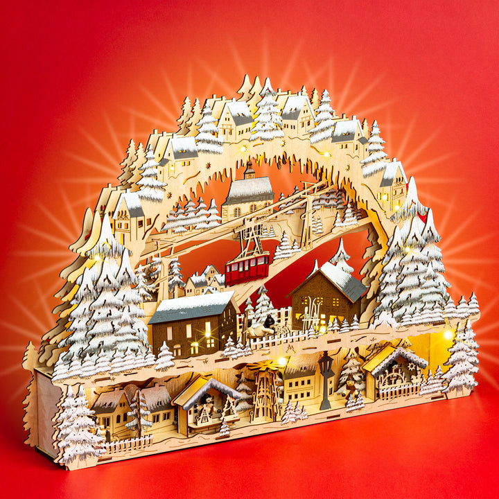 SIKORA LB45 traumhafter XXL LED Holz Schwibbogen SKIHÜTTE MIT BERGBAHN UND WEIHNACHTSDORF inclusive Trafo