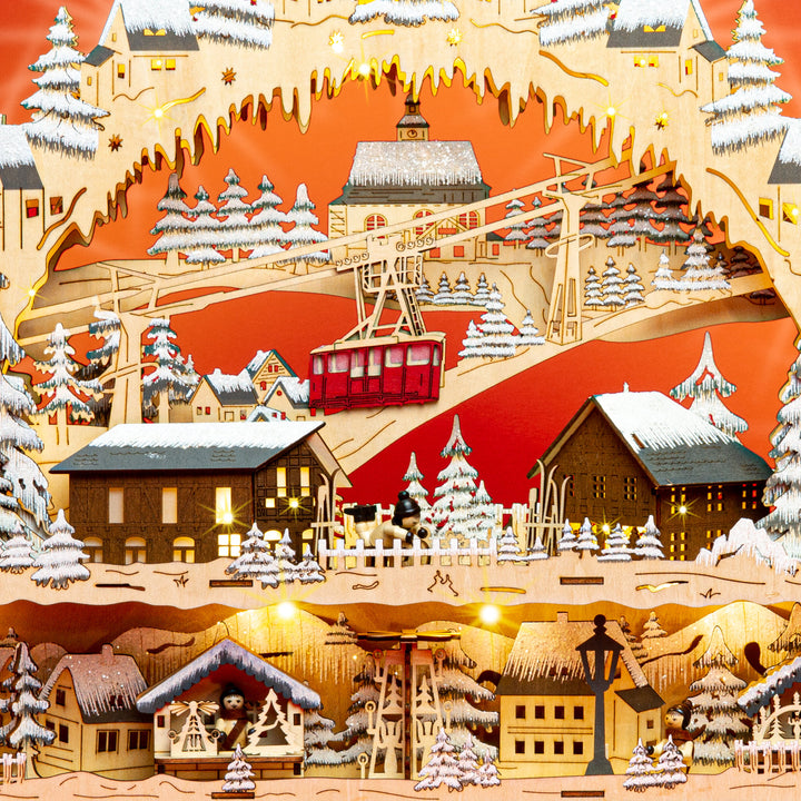 SIKORA LB45 traumhafter XXL LED Holz Schwibbogen SKIHÜTTE MIT BERGBAHN UND WEIHNACHTSDORF inclusive Trafo