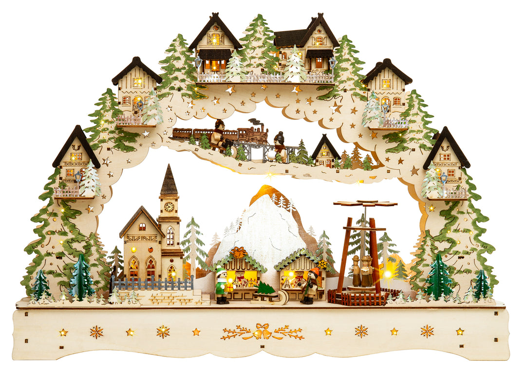 SIKORA LB46 beleuchteter LED XL Holz Schwibbogen BERG-WEIHNACHTSDORF mit drehender Pyramide inklusive Trafo