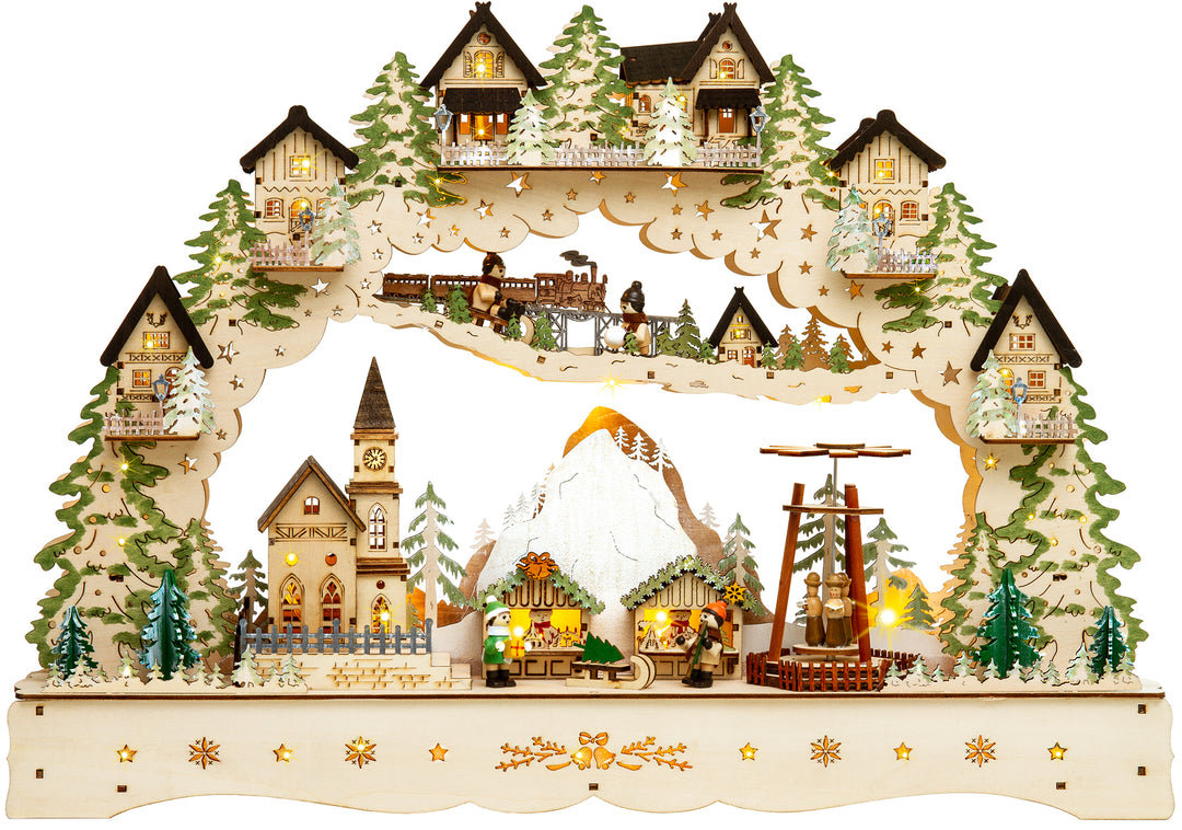 SIKORA LB46 beleuchteter LED XL Holz Schwibbogen BERG-WEIHNACHTSDORF mit drehender Pyramide inklusive Trafo