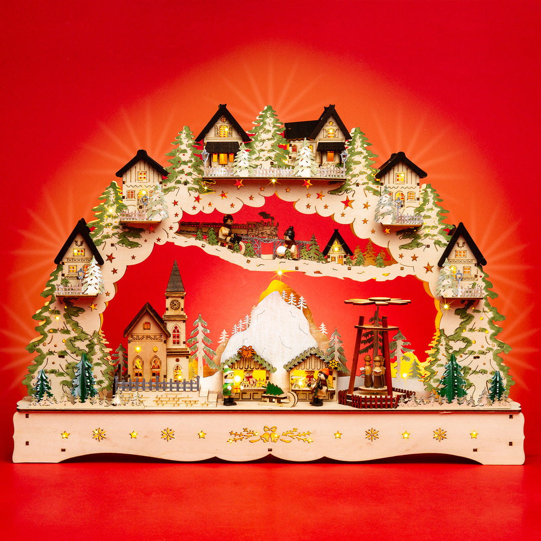 SIKORA LB46 beleuchteter LED XL Holz Schwibbogen BERG-WEIHNACHTSDORF mit drehender Pyramide inklusive Trafo