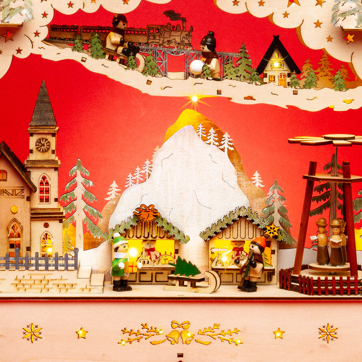 SIKORA LB46 beleuchteter LED XL Holz Schwibbogen BERG-WEIHNACHTSDORF mit drehender Pyramide inklusive Trafo