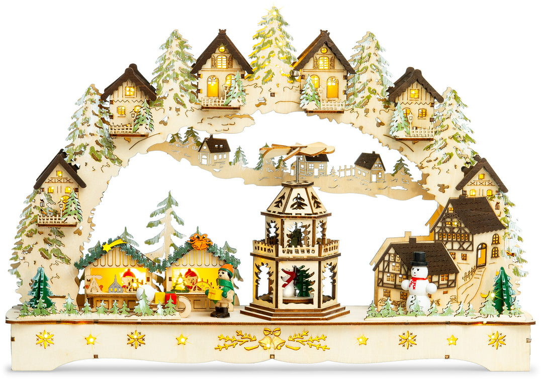 SIKORA LB47 beleuchteter LED Holz Schwibbogen WEIHNACHTSDORF MIT PYRAMIDE mit Motorantrieb inklusive Trafo