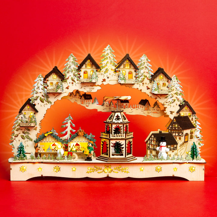 SIKORA LB47 beleuchteter LED Holz Schwibbogen WEIHNACHTSDORF MIT PYRAMIDE mit Motorantrieb inklusive Trafo