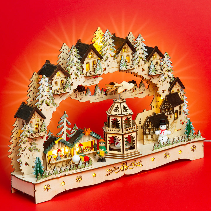 SIKORA LB47 beleuchteter LED Holz Schwibbogen WEIHNACHTSDORF MIT PYRAMIDE mit Motorantrieb inklusive Trafo