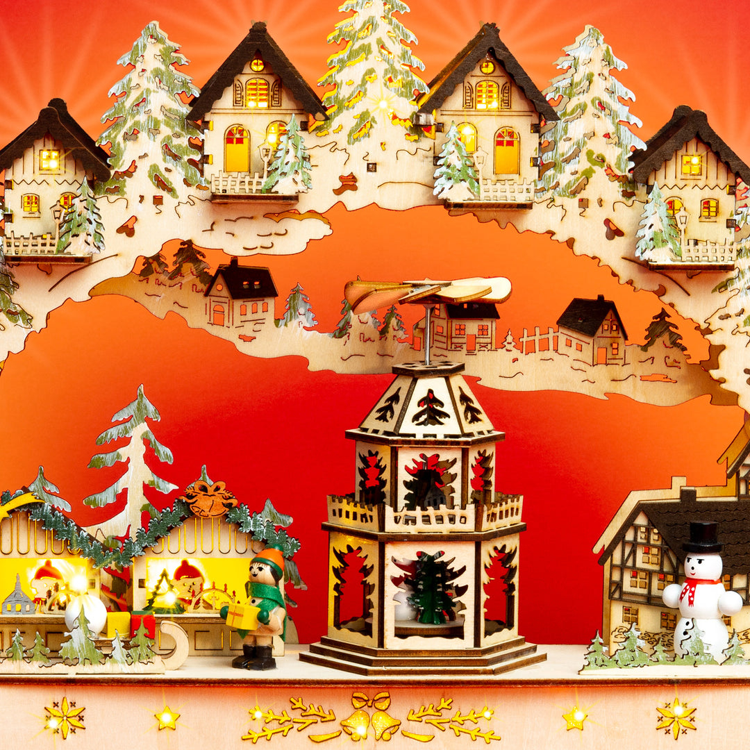 SIKORA LB47 beleuchteter LED Holz Schwibbogen WEIHNACHTSDORF MIT PYRAMIDE mit Motorantrieb inklusive Trafo