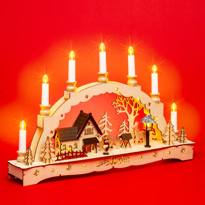 SIKORA LB50 beleuchteter LED Holz Schwibbogen WALDHAUS mit geschnitzten Rehen inklusive Trafo