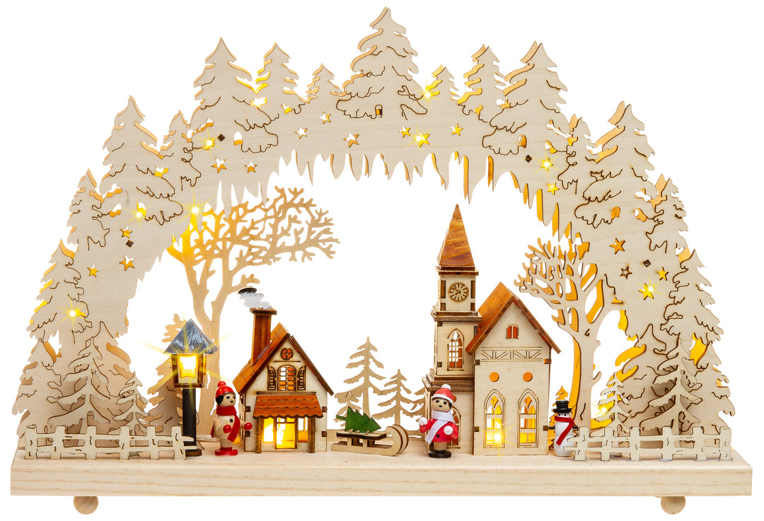 SIKORA LB52 Holz Schwibbogen beleuchteter LED Lichterbogen inkl. Netzteil Motiv WINTERDORF Deko Weihnachten Breite 43cm