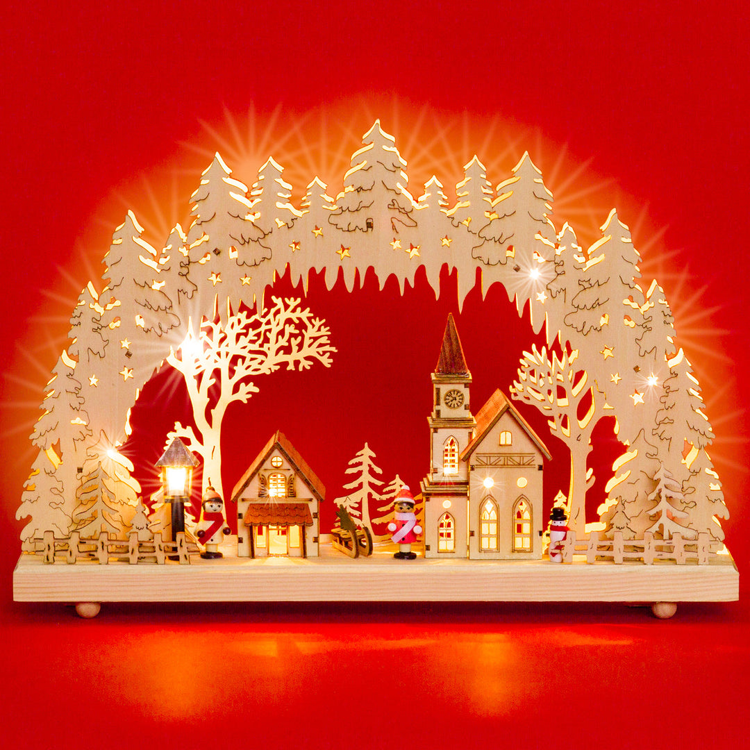 SIKORA LB52 Holz Schwibbogen beleuchteter LED Lichterbogen inkl. Netzteil Motiv WINTERDORF Deko Weihnachten Breite 43cm