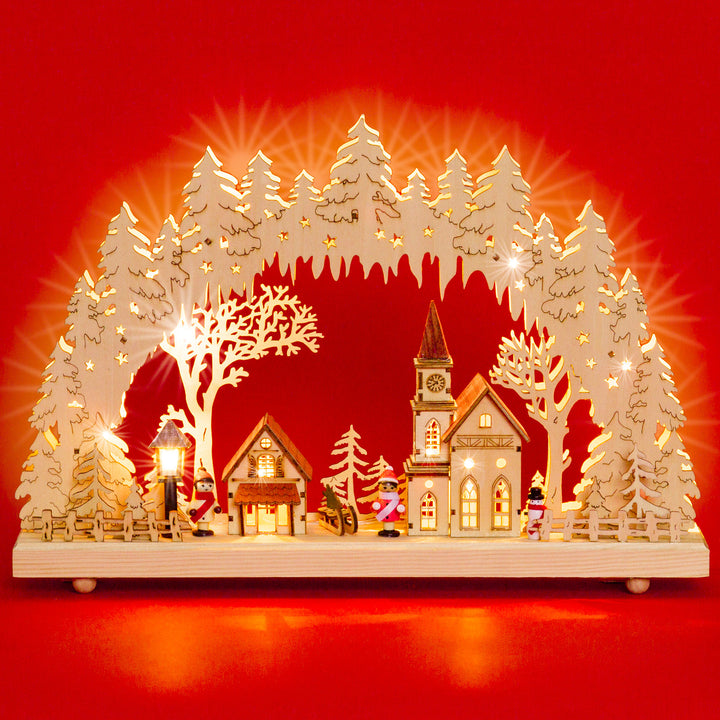 SIKORA LB52 Holz Schwibbogen beleuchteter LED Lichterbogen inkl. Netzteil Motiv WINTERDORF Deko Weihnachten Breite 43cm