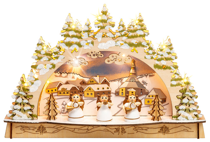 SIKORA LB56 kleiner LED Holz Schwibbogen ENGEL Kapelle B:29,5 cm