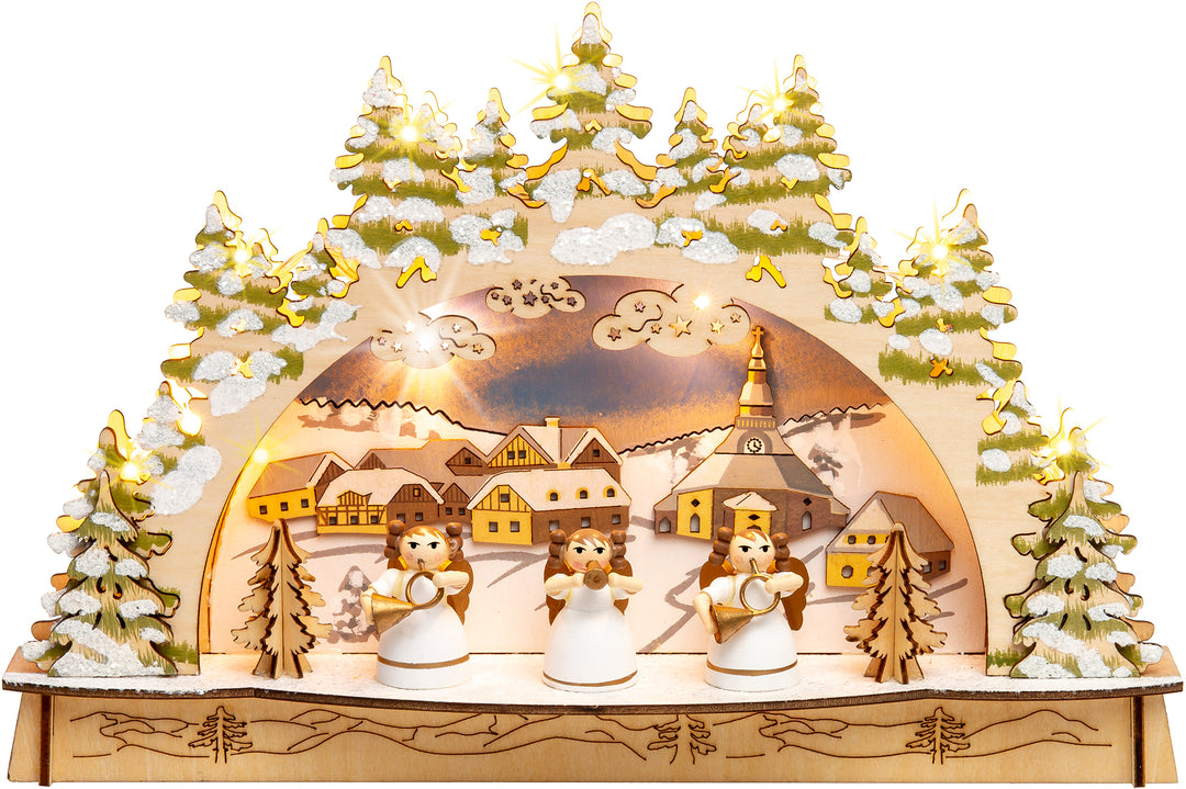 SIKORA LB56 kleiner LED Holz Schwibbogen ENGEL Kapelle B:29,5 cm