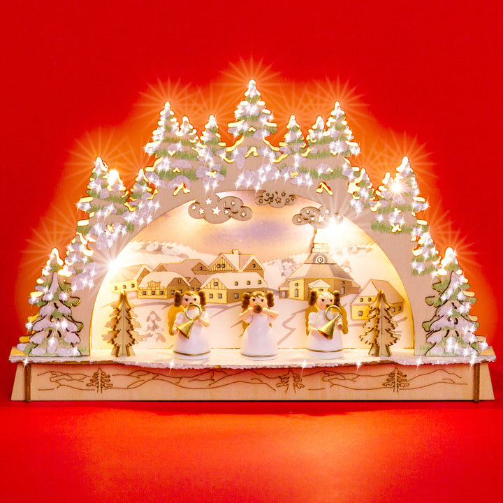 SIKORA LB56 kleiner LED Holz Schwibbogen ENGEL Kapelle B:29,5 cm
