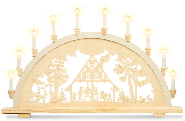 SIKORA LB57-10 klassicher XXL Holz Schwibbogen 10-flammig beleuchteter Lichterbogen Motiv WALDHAUS Deko Weihnachten Breite ca 71 cm
