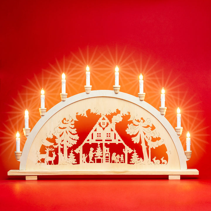 SIKORA LB57-10 klassicher XXL Holz Schwibbogen 10-flammig beleuchteter Lichterbogen Motiv WALDHAUS Deko Weihnachten Breite ca 71 cm
