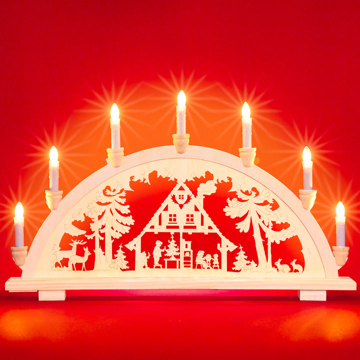 SIKORA LB57-7 klassicher Holz Schwibbogen beleuchteter Lichterbogen mit 7 Kerzen Motiv WALDHAUS Deko Weihanchten Breite ca. 59 cm