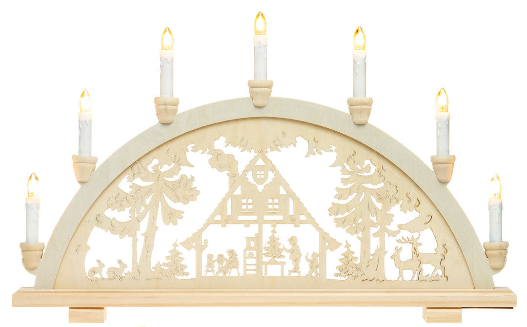 SIKORA LB57-7 klassicher Holz Schwibbogen beleuchteter Lichterbogen mit 7 Kerzen Motiv WALDHAUS Deko Weihanchten Breite ca. 59 cm