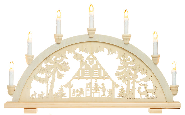 SIKORA LB57-7 klassicher Holz Schwibbogen beleuchteter Lichterbogen mit 7 Kerzen Motiv WALDHAUS Deko Weihanchten Breite ca. 59 cm