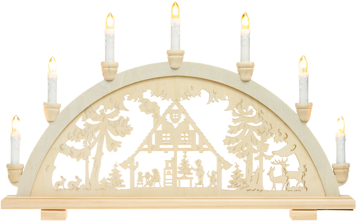 SIKORA LB57-7 klassicher Holz Schwibbogen beleuchteter Lichterbogen mit 7 Kerzen Motiv WALDHAUS Deko Weihanchten Breite ca. 59 cm