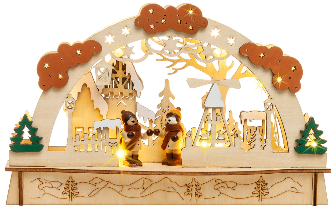 SIKORA LB58 kleiner Mini LED Holz Schwibbogen WINTERDORF L ca. 23,5 cm