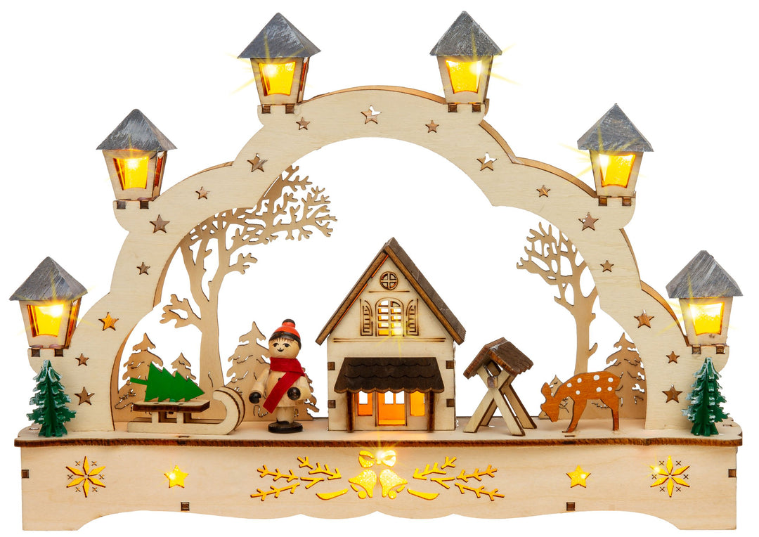 SIKORA LB62s-2 kleiner Schwibbogen aus Holz beleuchteter LED Lichterbogen Deko Weihnachten Motiv Hütte im Wald Breite 27cm