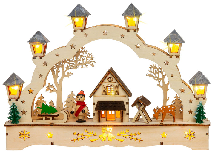 SIKORA LB62s-2 kleiner Schwibbogen aus Holz beleuchteter LED Lichterbogen Deko Weihnachten Motiv Hütte im Wald Breite 27cm