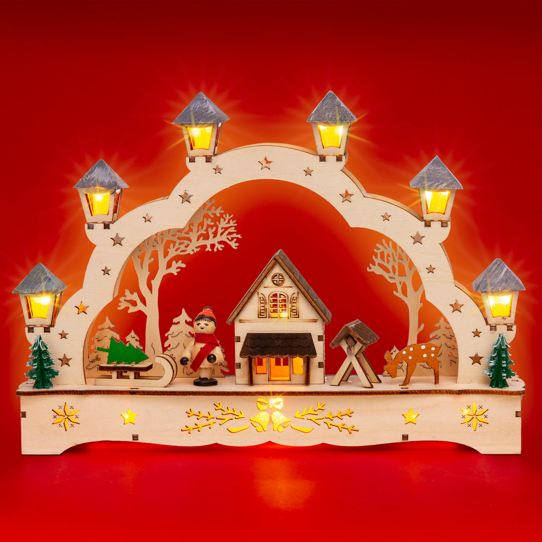 SIKORA LB62s-2 kleiner Schwibbogen aus Holz beleuchteter LED Lichterbogen Deko Weihnachten Motiv Hütte im Wald Breite 27cm