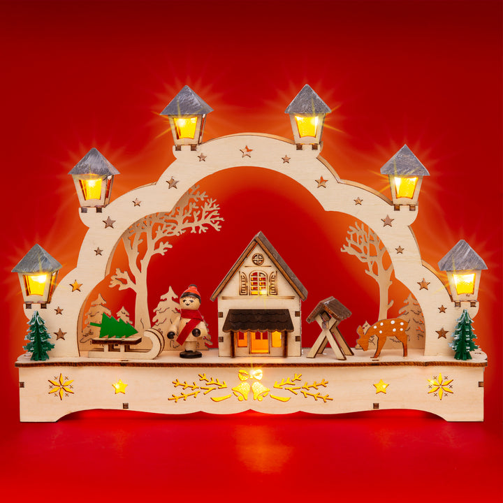 SIKORA LB62s-2 kleiner Schwibbogen aus Holz beleuchteter LED Lichterbogen Deko Weihnachten Motiv Hütte im Wald Breite 27cm