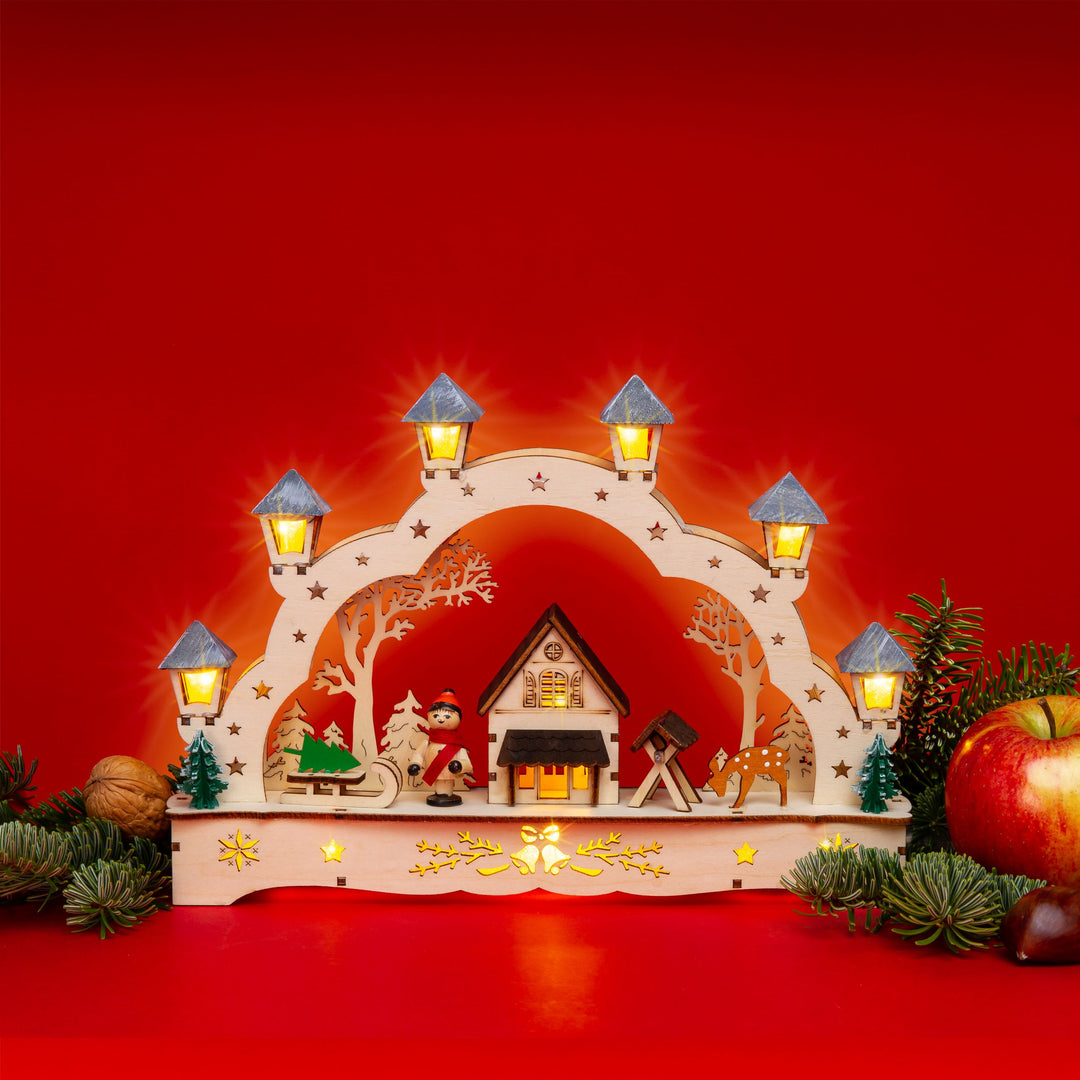SIKORA LB62s-2 kleiner Schwibbogen aus Holz beleuchteter LED Lichterbogen Deko Weihnachten Motiv Hütte im Wald Breite 27cm