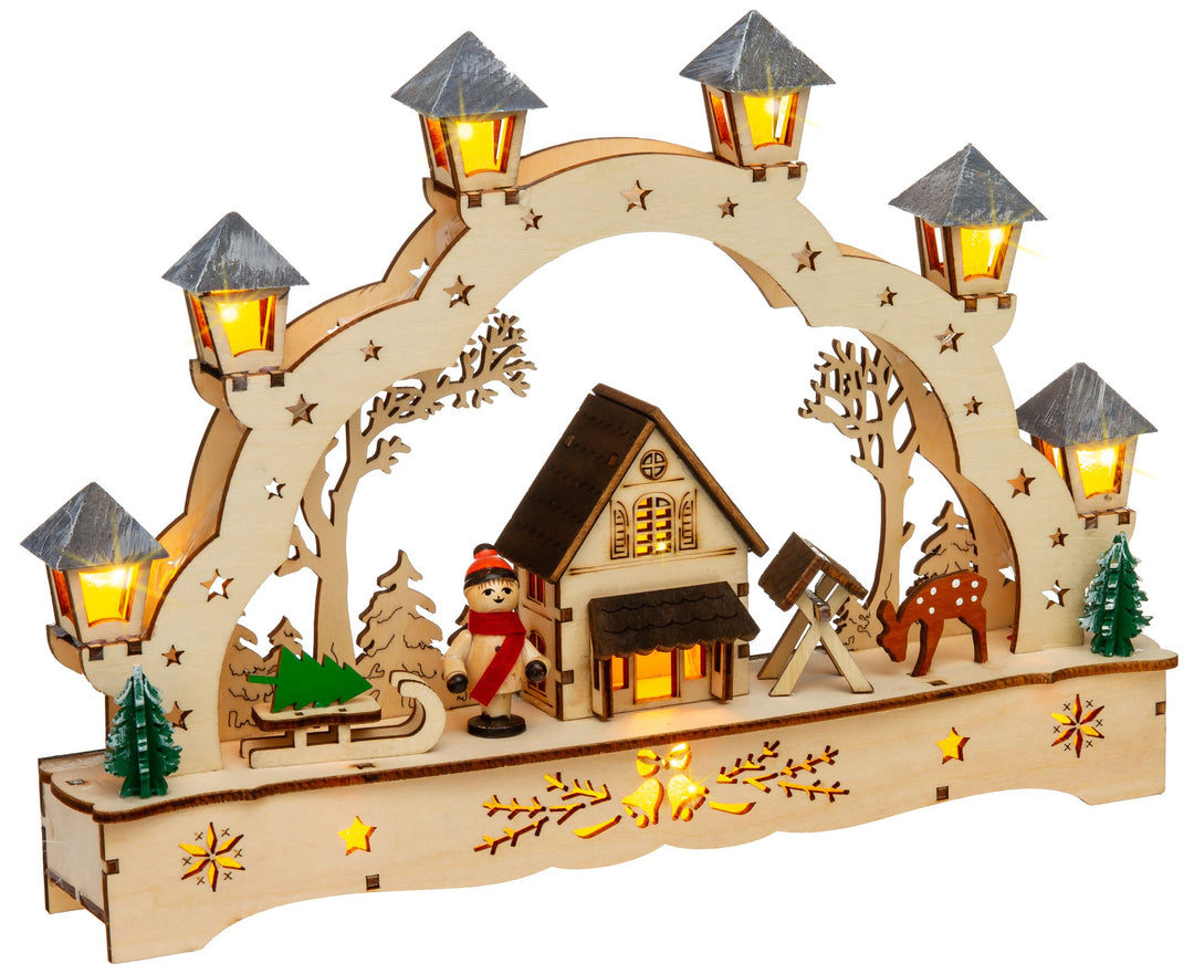 SIKORA LB62s-2 kleiner Schwibbogen aus Holz beleuchteter LED Lichterbogen Deko Weihnachten Motiv Hütte im Wald Breite 27cm
