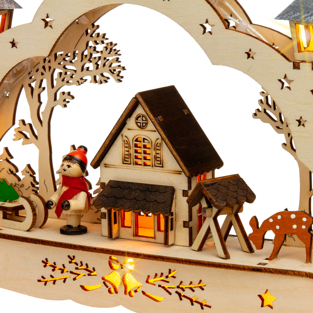 SIKORA LB62s-2 kleiner Schwibbogen aus Holz beleuchteter LED Lichterbogen Deko Weihnachten Motiv Hütte im Wald Breite 27cm