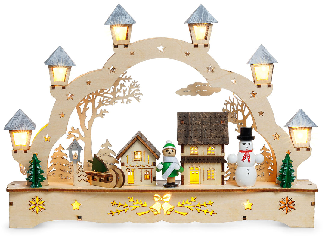 SIKORA LB62s-3 kleiner Schwibbogen aus Holz beleuchteter LED Lichterbogen Deko Weihnachten Motiv Winterdorf Breite 27cm