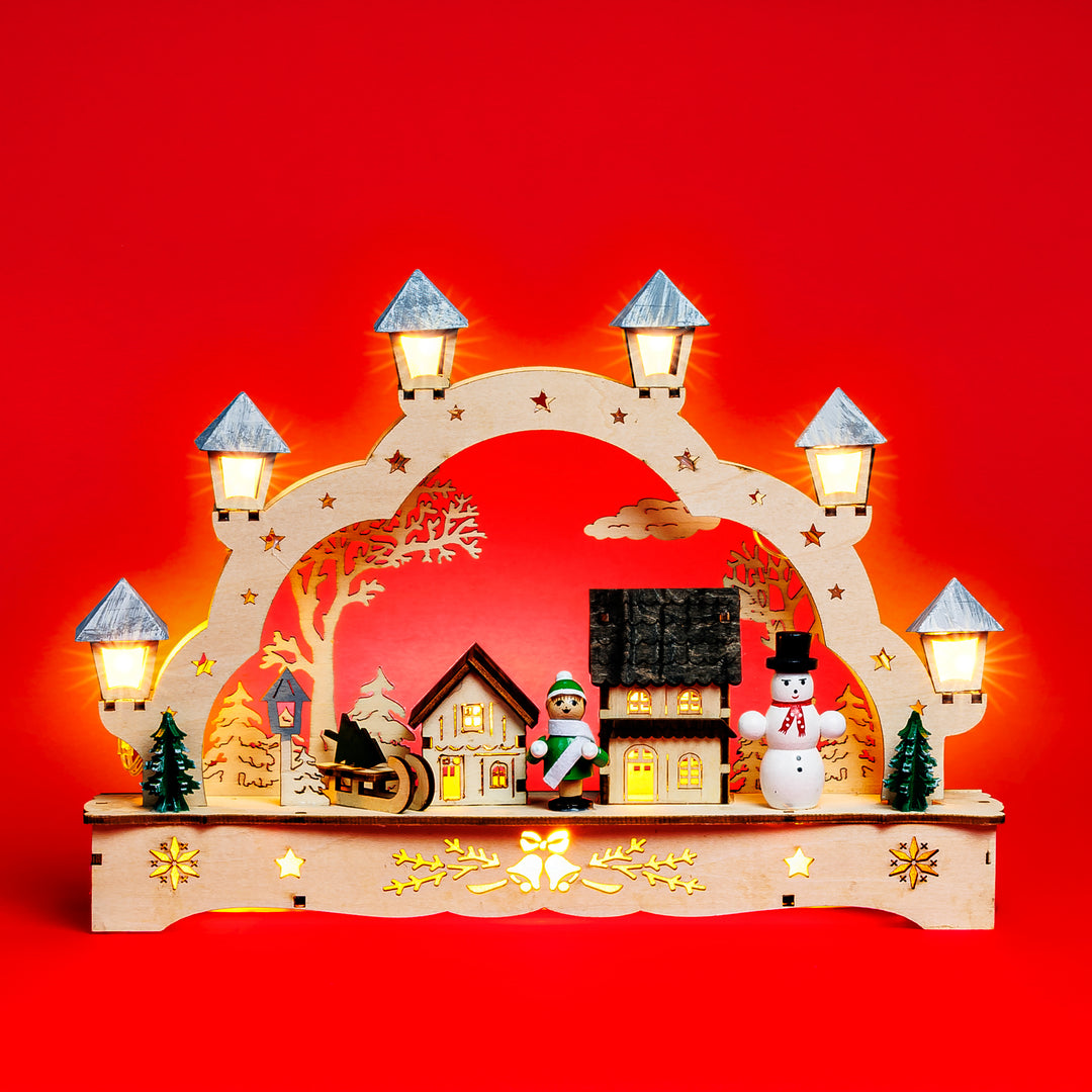 SIKORA LB62s-3 kleiner Schwibbogen aus Holz beleuchteter LED Lichterbogen Deko Weihnachten Motiv Winterdorf Breite 27cm