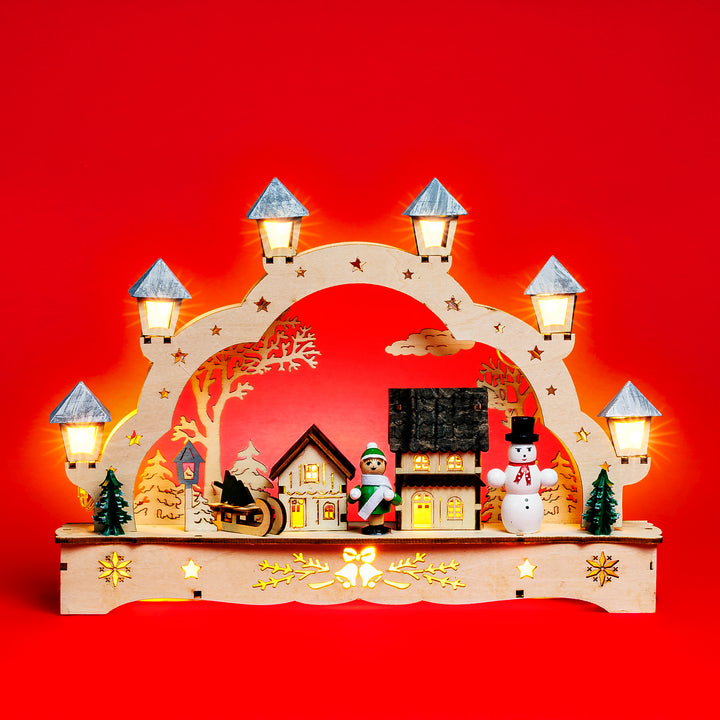 SIKORA LB62s-3 kleiner Schwibbogen aus Holz beleuchteter LED Lichterbogen Deko Weihnachten Motiv Winterdorf Breite 27cm