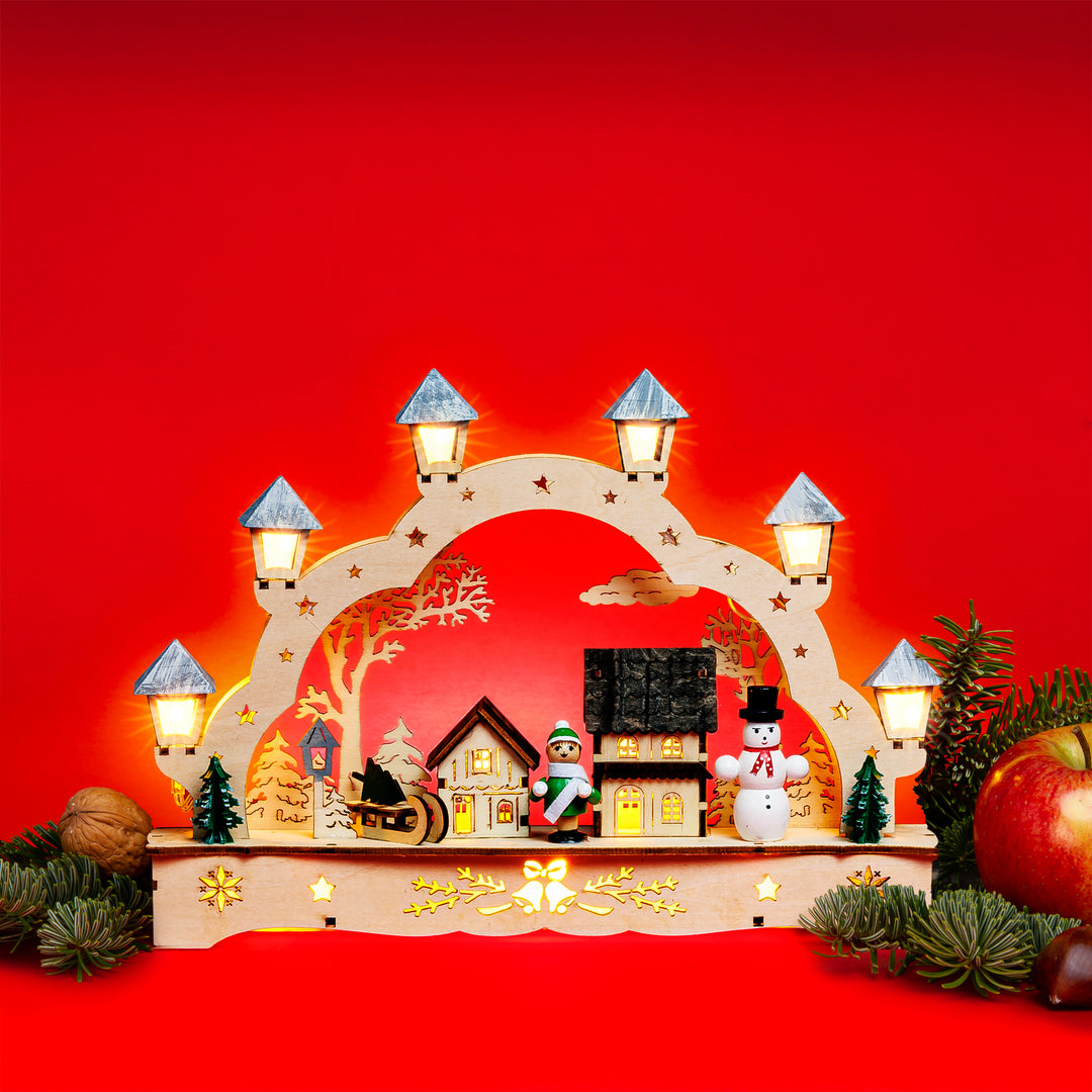 SIKORA LB62s-3 kleiner Schwibbogen aus Holz beleuchteter LED Lichterbogen Deko Weihnachten Motiv Winterdorf Breite 27cm