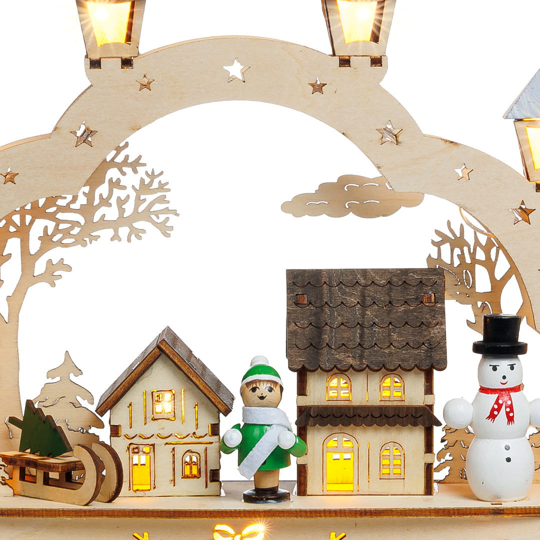SIKORA LB62s-3 kleiner Schwibbogen aus Holz beleuchteter LED Lichterbogen Deko Weihnachten Motiv Winterdorf Breite 27cm