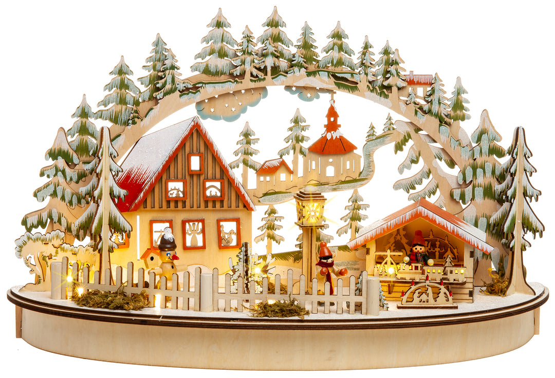 SIKORA LB68 beleuchteter halbrunder 3D LED Holz Schwibbogen SEIFFENER WEIHNACHTSMARKT inklusive Trafo