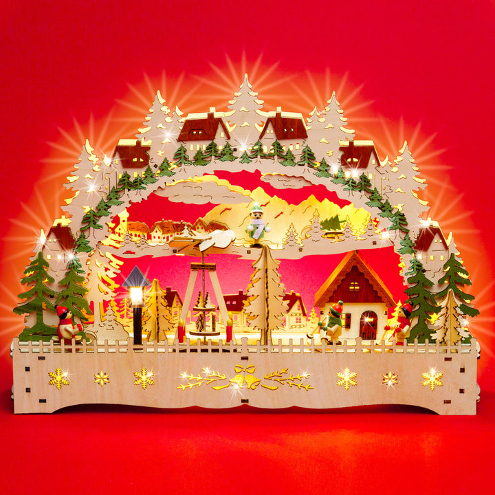 SIKORA LB76 beleuchteter LED Holz Schwibbogen Deko Lichterbogen Motiv Winterdorf mit Weihnachtspyramide und Laterne inkl. Netzteil