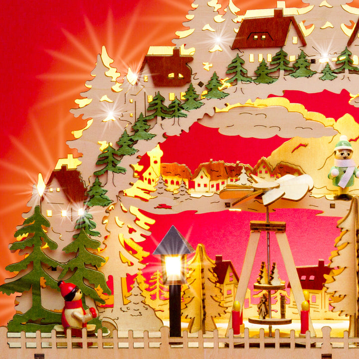 SIKORA LB76 beleuchteter LED Holz Schwibbogen Deko Lichterbogen Motiv Winterdorf mit Weihnachtspyramide und Laterne inkl. Netzteil