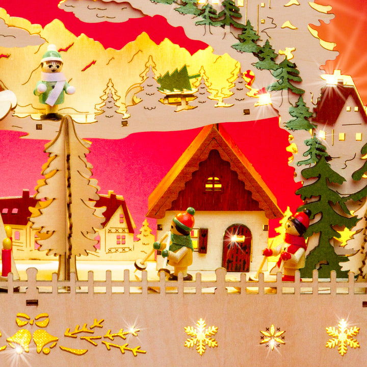 SIKORA LB76 beleuchteter LED Holz Schwibbogen Deko Lichterbogen Motiv Winterdorf mit Weihnachtspyramide und Laterne inkl. Netzteil
