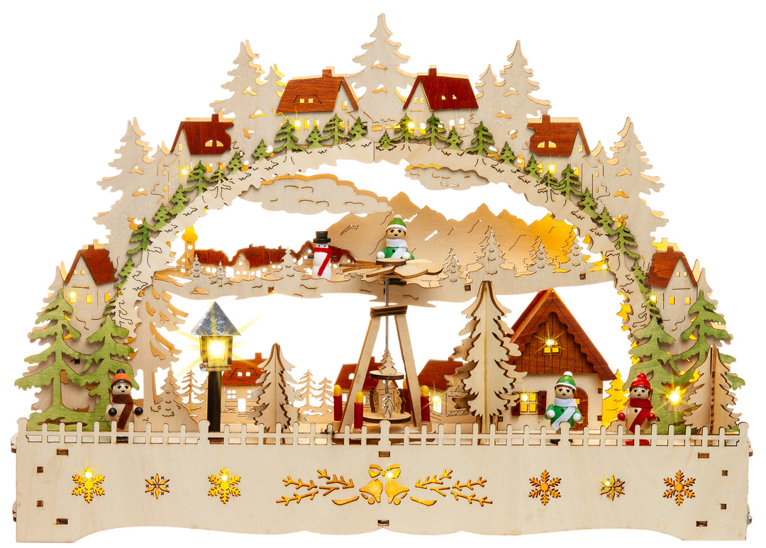 SIKORA LB76 beleuchteter LED Holz Schwibbogen Deko Lichterbogen Motiv Winterdorf mit Weihnachtspyramide und Laterne inkl. Netzteil