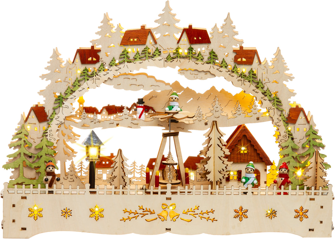 SIKORA LB76 beleuchteter LED Holz Schwibbogen Deko Lichterbogen Motiv Winterdorf mit Weihnachtspyramide und Laterne inkl. Netzteil