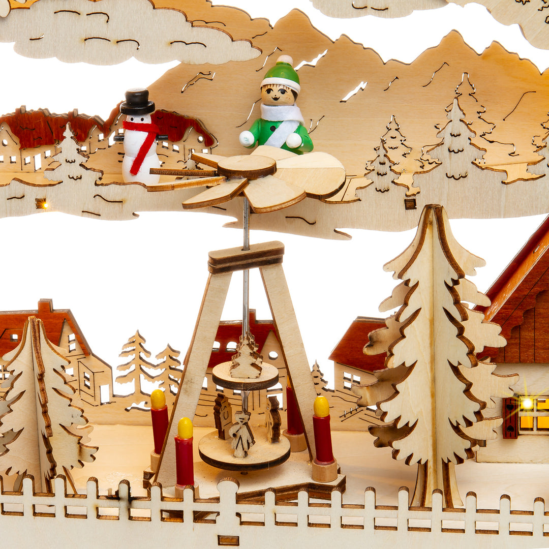 SIKORA LB76 beleuchteter LED Holz Schwibbogen Deko Lichterbogen Motiv Winterdorf mit Weihnachtspyramide und Laterne inkl. Netzteil